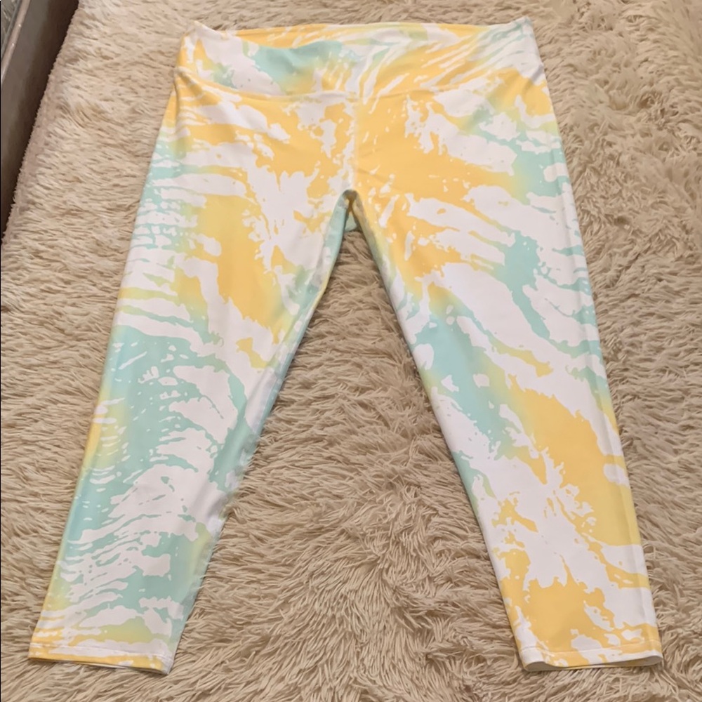 NWOT 2x Fabletics Colorful Abstract Leggings.  Mint green, yellow & white